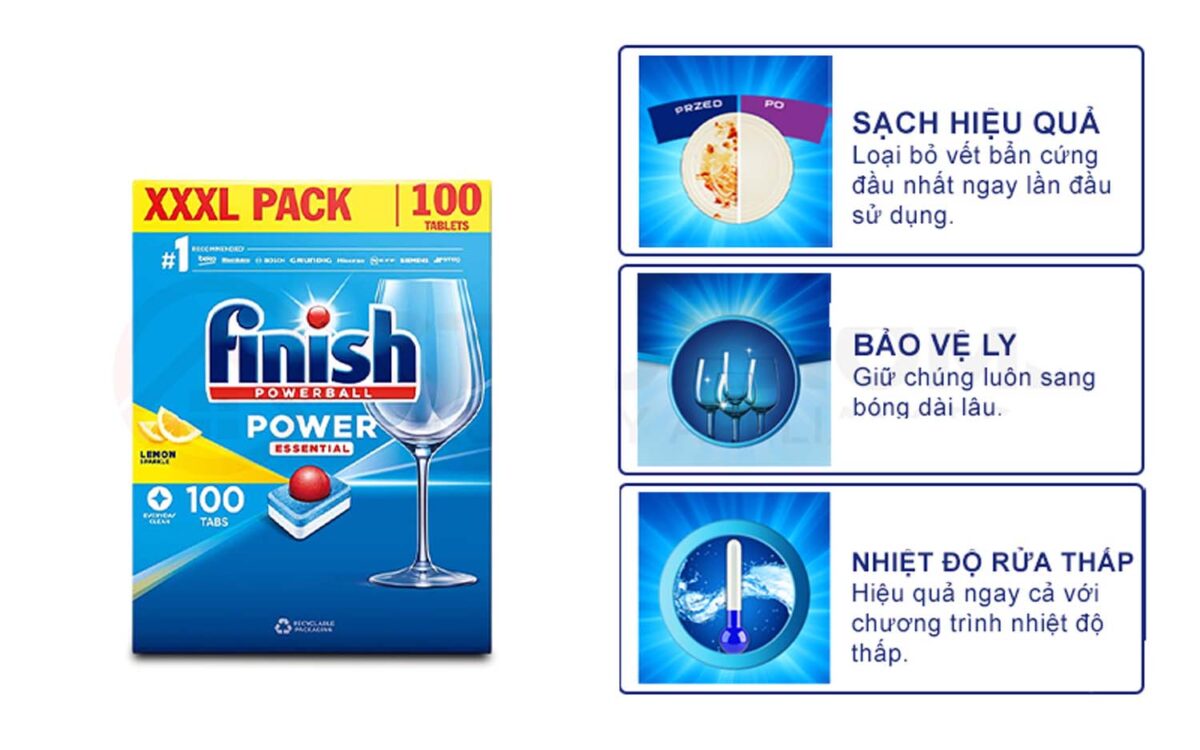 Tinh nang Vien rua bat FINISH Power Essential hop 100 vien huong chanh